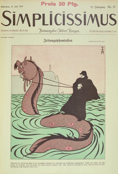 El Kaiser cabalga en la Sea Snake hacia Inglaterra, portada Ilustración de Simplicissimus de Thomas Theodor Heine