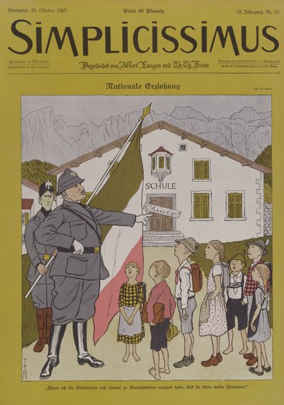 Mussolini (1883-1945) y el Tirol italiano, viñeta de la revista "Simplicissimus", 24 de octubre de 1924 (litografía en color). de Thomas Theodor Heine