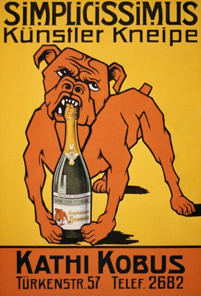 Póster vintage de un bulldog mordiendo una botella de champán (póster) de Thomas Theodor Heine