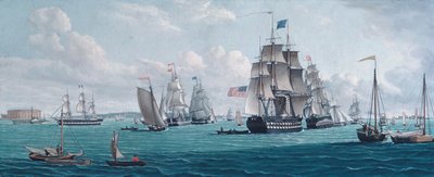 El barco estadounidense Franklin, con una vista de la bahía de Nueva York, 1820s o 1830s de Thomas Thompson