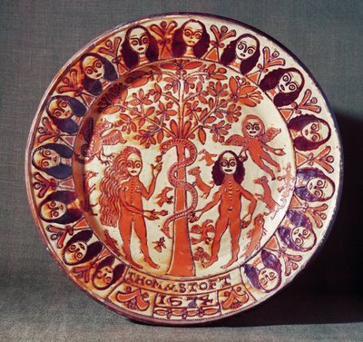 Plato de loza de Adán y Eva, North Staffordshire, 1674 de Thomas Toft