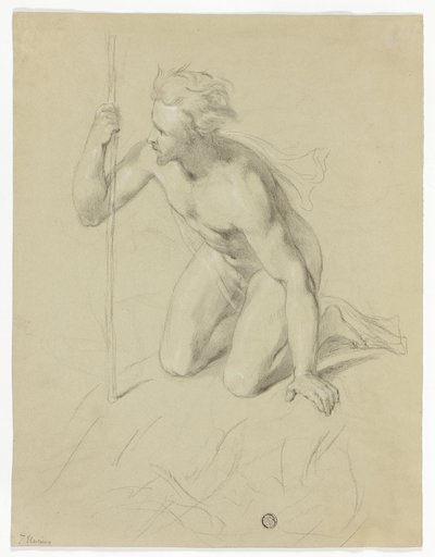 Hombre desnudo arrodillado, sosteniendo un bastón (anverso); Panorama alpino (reverso) de Thomas Uwins
