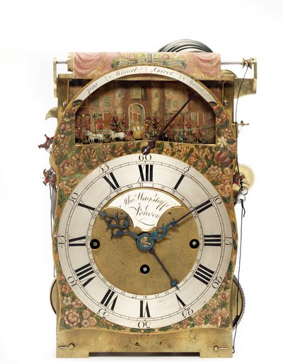 (detalle) de un reloj de mesa musical japonés verde y dorado de Jorge III que representa el desfile del alcalde, c.1780 de Thomas Wagstaff or Wagstaffe