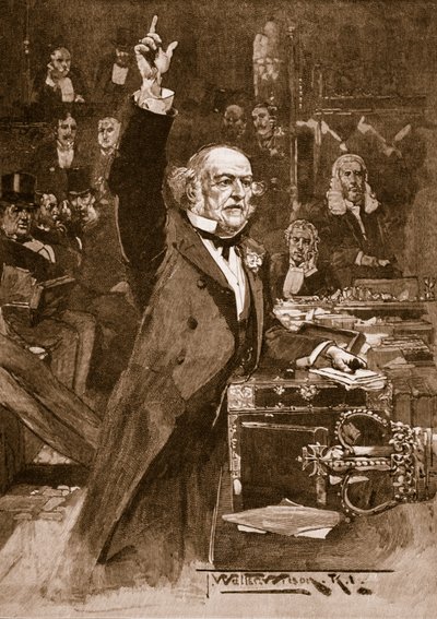 Introducción del proyecto de ley de autonomía: Mr. Gladstone entregando su perorata, 1886, ilustración de 