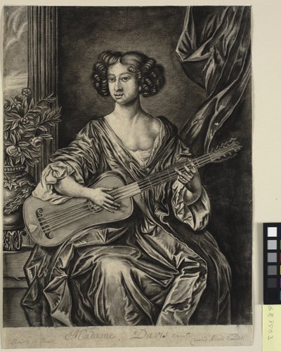 Dama tocando la guitarra, "Madame Davis"; después del retrato pintado por Sir Peter Lely, c. 1674 de Mary Davies en la colección del Conde de Bradford de Thomas Watson