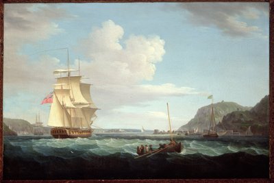 Una Fragata Británica con un Bote Largo frente al Promontorio de Gallows Hill, Broad Bay, Isla de Lewis, Hébridas de Thomas Whitcombe