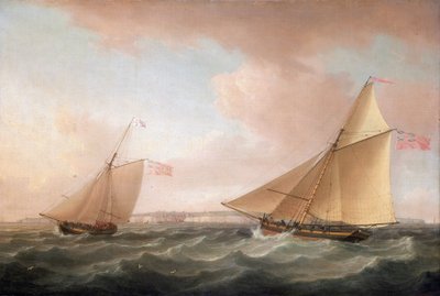 Un yate del Servicio de Faros británico y un Revenue Cutter (velero armado para la lucha contra el contrabando), frente a Ramsgate (Inglaterra). de Thomas Whitcombe