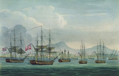 Captura del Maria Riggersbergen el 18 de octubre de 1806, grabado por J. Bailey para 
