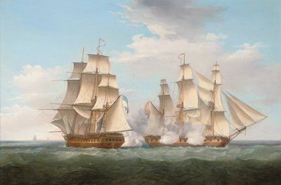 H.M.S. Ethalion en acción con la fragata española Thetis frente al Cabo Finisterre, 16 de octubre de 1799, 1800 de Thomas Whitcombe