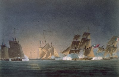 HMS Rinaldo enfrentándose a cuatro corsarios franceses, grabado por J. Bailey para 
