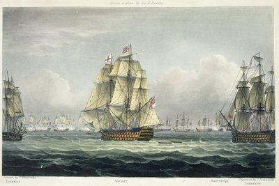 HMS Victory navegando hacia la línea francesa flanqueada por el Euryalus y HMS Temeraire en la Batalla de Trafalgar, 21 de octubre de 1805, grabado por T. Sutherland para 