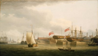 Astilleros en el Támesis (Inglaterra), en Redriff, frente a la torre de la iglesia de Santa Ana en Limehouse. Óleo sobre lienzo de Thomas Whitcombe