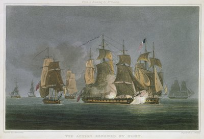 La acción renovada por la noche, frente a Madagascar, 20 de mayo de 1811, grabado por J. Bailey para 