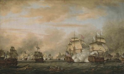 La batalla de los Saintes, 12 de abril de 1782. HMS Barfleur atacando el buque insignia francés Ville de Paris de Thomas Whitcombe