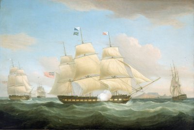Los buques mercantes de la Compañía de las Indias Orientales "Minerva", "Scaleby Castle" y "Charles Grant", frente a Ciudad del Cabo (Sudáfrica), con la Montaña de la Mesa visible en el horizonte. de Thomas Whitcombe