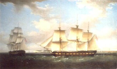 El Indiaman en dos posiciones frente al Castillo de Walmer, Kent de Thomas Whitcombe