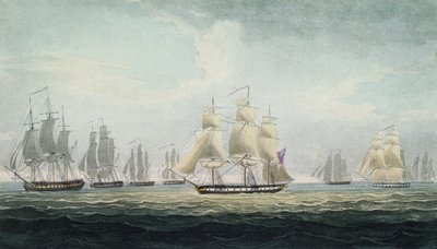 Maniobra naval de Sir Graham Moore (1764-1843), comandante de la escuadra de cuatro fragatas de la Royal Navy británica, que capturó una flota española del tesoro, frente a Cádiz, España, el 5 de octubre. de Thomas Whitcombe