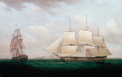 Dos East Indiamen frente a una costa, Thomas Whitcombe, c1850 de Thomas Whitcombe