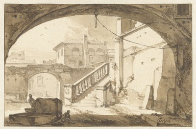 Vista a través de un arco en un patio italiano de Thomas Wijck