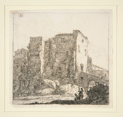 Paisaje con ruinas, con una pescadora de Thomas Wijck