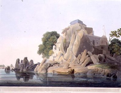 Vista suroeste de la Roca del Falso en el río Ganges, cerca de Sultaungunge, placa IX de la Parte 3 de 