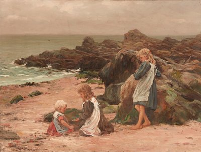 Niños en una playa rocosa (óleo sobre lienzo) de Thomas Wilson