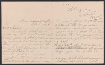 Carta de Thomas Womack a Julia Womack con sobre, 7 de abril de 1915 de Thomas Womack