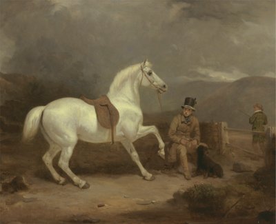 Poni de tiro gris, probablemente propiedad de Johnston King, con un mozo de cuadra de Thomas Woodward