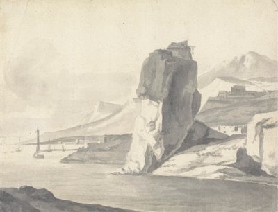 Escena costera (italiana) con rompeolas, altos acantilados y un fuerte de Thomas Wyck
