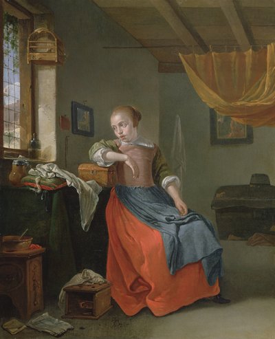 Mujer sentada en un interior mirando por la ventana de Thomas Wyck