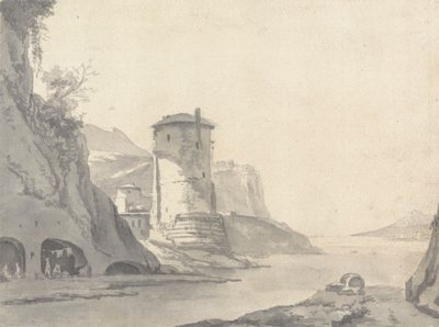 Un pueblo en una ensenada costera rocosa (¿italiana?) con una torre redonda en la orilla izquierda de Thomas Wyck