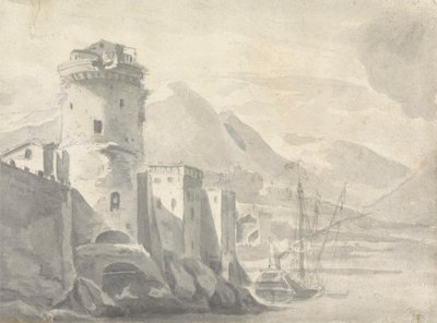 Edificios fortificados que se elevan abruptamente desde la orilla de un río (¿en Italia?) con un barco en el centro y montañas lejanas. de Thomas Wyck