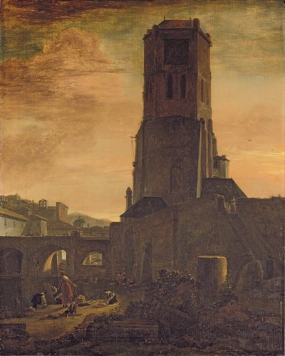 Lavanderas al pie de una torre (óleo sobre tabla) de Thomas Wyck
