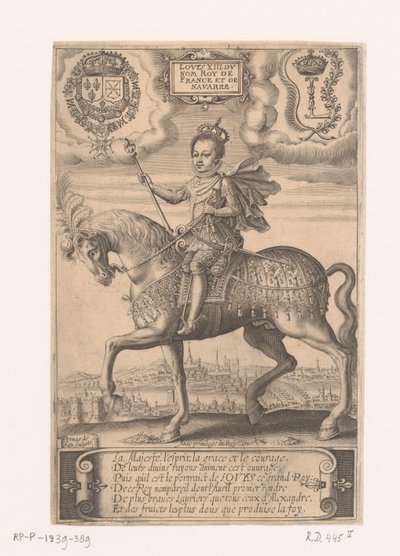 Retrato de Luis XIII a caballo, con una vista de París al fondo de Thomas de Leu