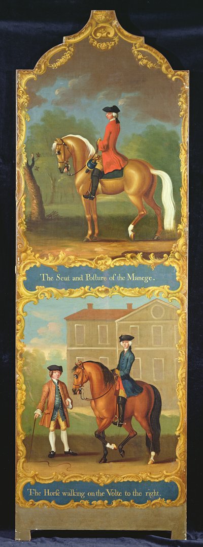 La Silla y Postura del Manege (arriba) y El Caballo Caminando en la Volte a la Derecha (abajo) de Thomas, of Pall Mall Butler