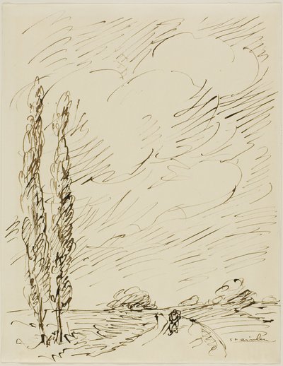 Vagabundo en un camino con dos álamos de Théophile Alexandre Pierre Steinlen
