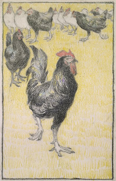 Gallo, seguido por Gallinas blancas y negras de Théophile Alexandre Steinlen