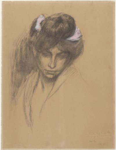 Cabeza de niña oscura, mirando al frente, con una cinta púrpura envuelta en el pelo de Théophile Alexandre Steinlen