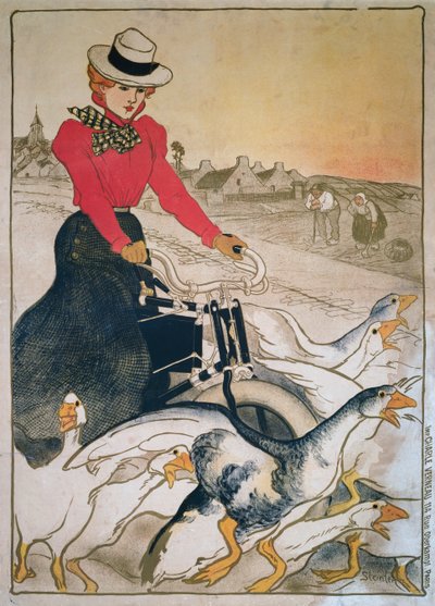 Mujer en velocípedo motorizado y grupo de gansos de Théophile Alexandre Steinlen