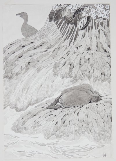 Un eider y un pájaro muerto en la orilla de Thorolf Holmboe
