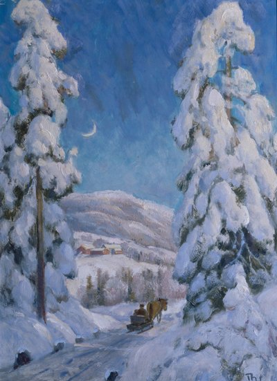 Caballo y trineo en paisaje invernal (óleo sobre lienzo) de Thorolf Holmboe