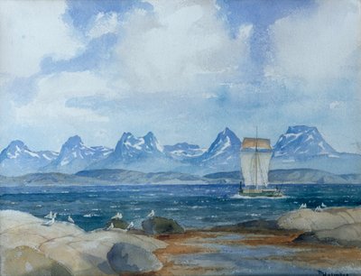 Barco de pesca nórdico en un paisaje de fiordos (foto) de Thorolf Holmboe