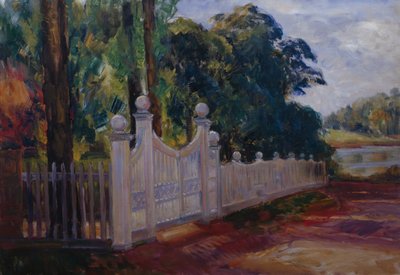 Paisaje de verano con valla de jardín y puerta de Thorolf Holmboe