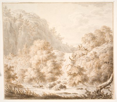 Paisaje montañoso con árboles y cascada, y tres figuras de Thorsten Elias Hjaltelin