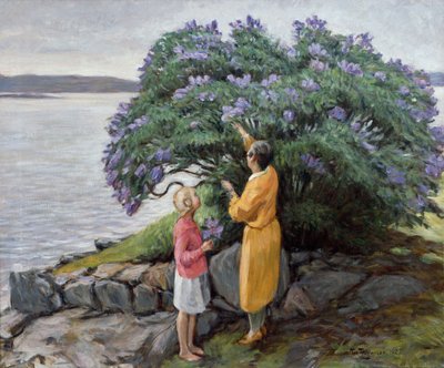 Mujer y niño por el arbusto de lilas de Thorvald Torgersen