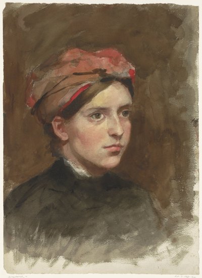 Retrato de una mujer joven con un pañuelo rojo en la cabeza de Thérèse Schwartze