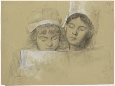 Dos chicas con gorra blanca, leyendo en un libro de Thérèse Schwartze