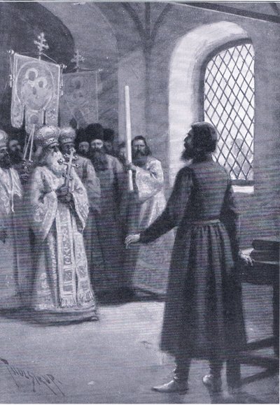 Boris Godunov en retiro en el monasterio suplicado para aceptar su elección como Zar, ilustración de Hitos en la Historia Europea publicada por Gresham Publishing Co, c.1920 (litografía) de Thure de Thulstrup