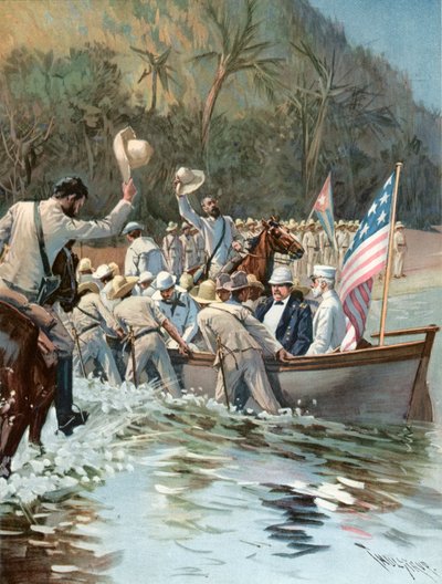El General Shafter y el Almirante Sampson desembarcando en la playa de Aserradero, 20 de junio, para conferenciar con el General García de Thure de Thulstrup