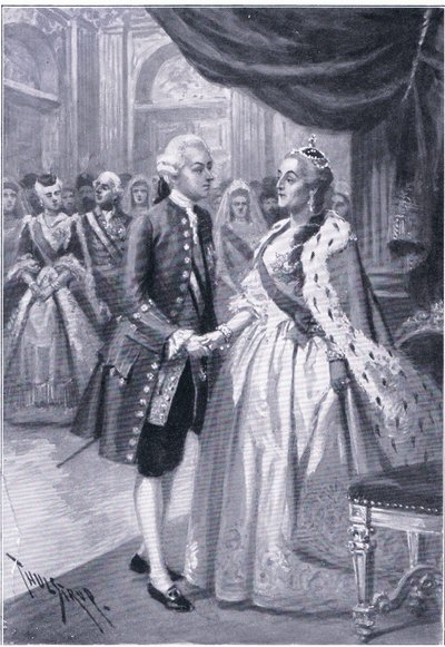 Encuentro de Catalina II de Rusia y José II de Austria, ilustración de Hitos en la Historia Europea publicada por Gresham Publishing Co, c.1920 de Thure de Thulstrup